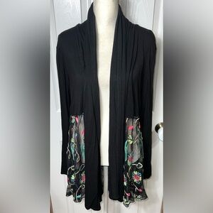 Boho Cardigan Kimono/Wrap Cover Up Semi Sheer Floral Embroidered Black/Multi M